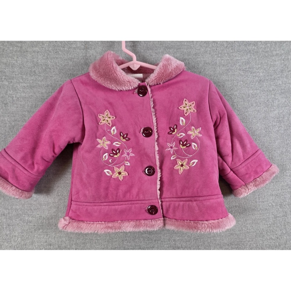 Nannette Vintage Baby Girl 12M Pink Embroidered Flower Coat Jacket Faux Fur Trim